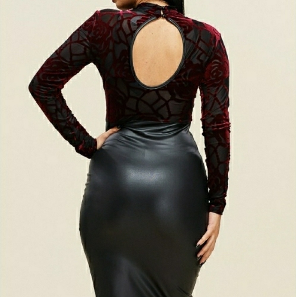Long Sleeve Mock BurnOut Velvet Bodice Dress - Picture 5 of 7